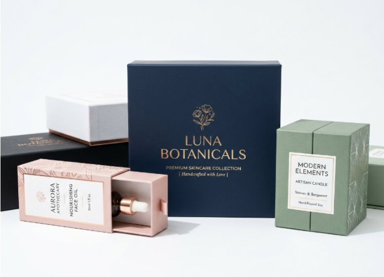 Luxury custom rigid packaging boxes showcasing premium materials, elegant design, and durable construction for high-end product packaging.